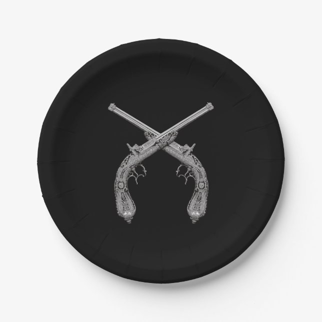 Crossed Pistols Black Paper Plates (Front)