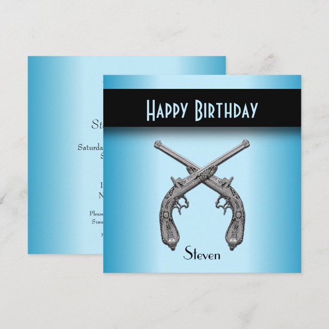 Crossed Pistols Blue Party Invitation (Front/Back)
