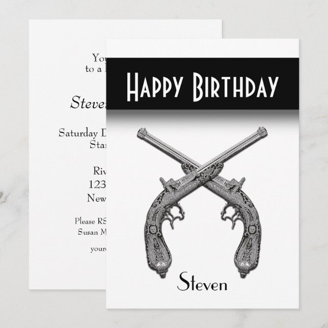 Crossed Pistols White Birthday Party Invitation (Front/Back)