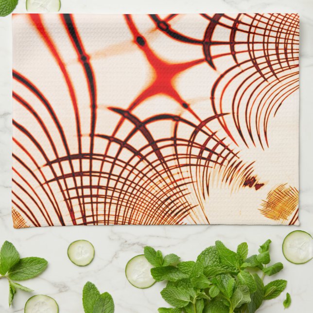 Crossed red brown curved traces, aged effect kitchen towel (Folded)