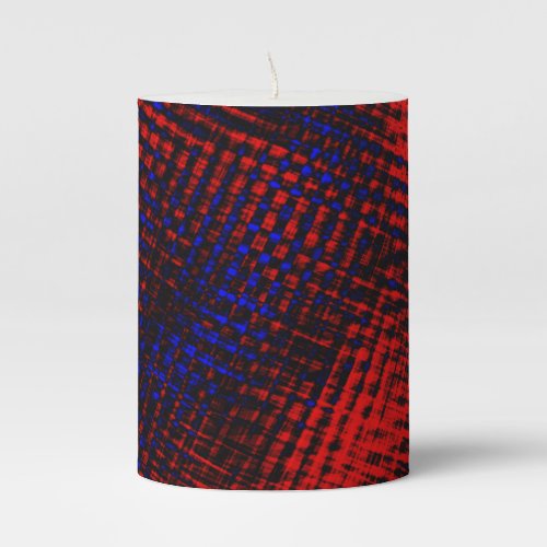 Crossed red scratches or streaks and deep blue pillar candle