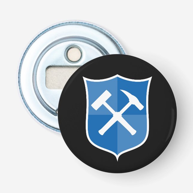 Crossed Rock Hammer Shield Bottle Opener (Front)