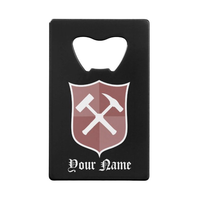 Crossed Rock Hammer Shield Credit Card Bottle Opener (Front)