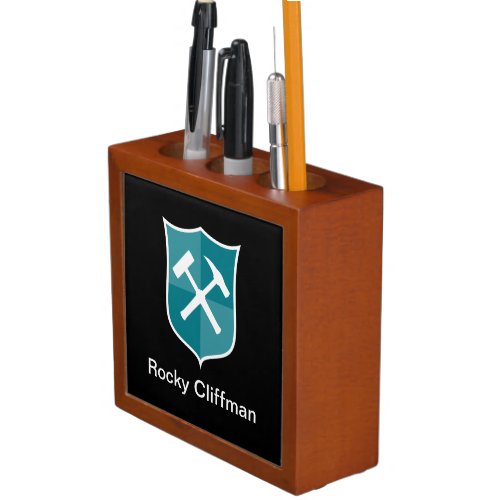 Crossed Rock Hammer Shield Pencil Holder