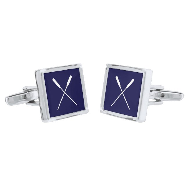 Crossed Rowing Oars Navy Blue and White Cufflinks (Angled)