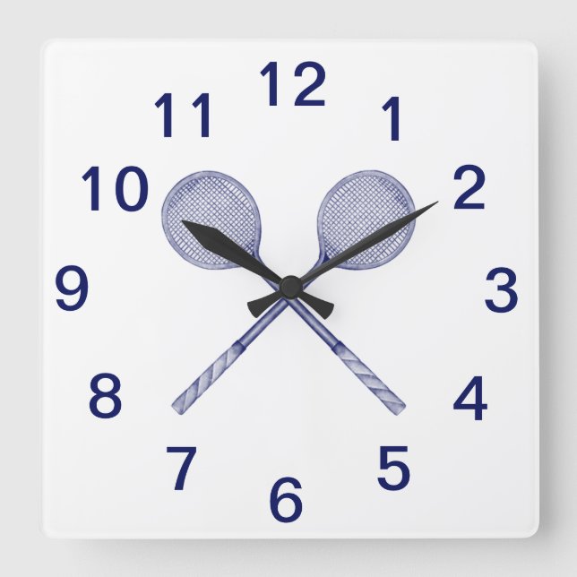 Crossed Squash Racquets Blue Square Wall Clock (Front)