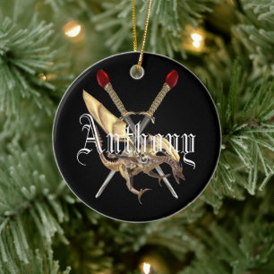 Crossed Swords With Dragon Personalized Ceramic Ornament