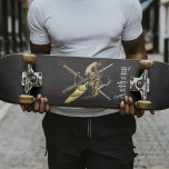 Crossed Swords With Dragon Personalized Skateboard<br><div class="desc">Ruby pommel swords cross behind a golden dragon on a black background with your name.</div>