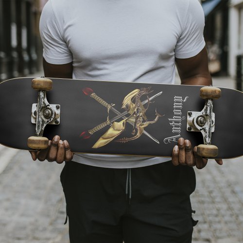 Crossed Swords With Dragon Personalized Skateboard