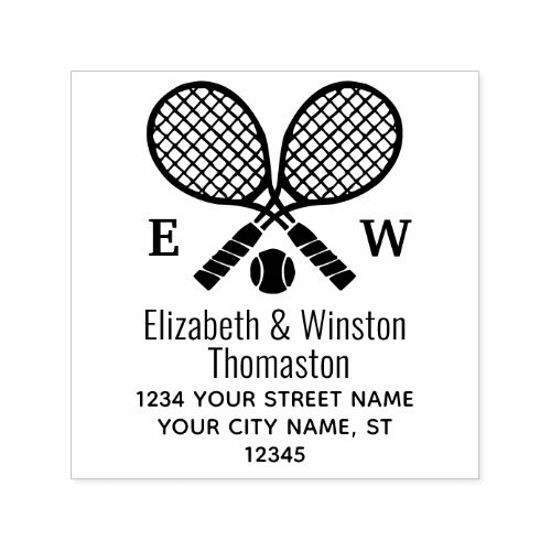 Crossed Tennis Racquets Monogram Name Address Self_inking Stamp