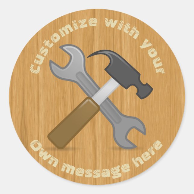 Crossed Tools Hammer and Spanner Custom Text Classic Round Sticker (Front)