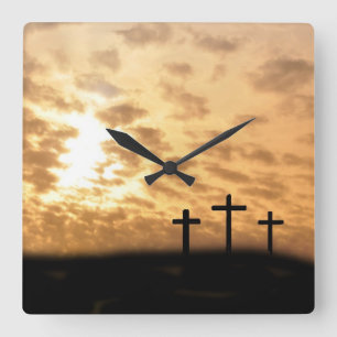 Crosses and Sunset "He is Risen" Easter Wall Clock