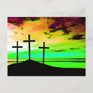 Crosses on a hill Colorful sunset GOD IS GOOD Postcard