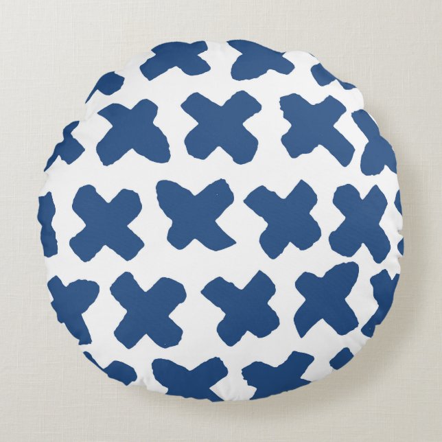 Crosses Shibori: Indigo Batik Pattern Round Pillow (Front)