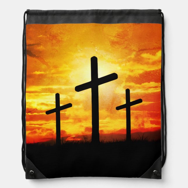 Crosses Sunset Silhouette Painting Artwork-67137 Drawstring Bag (Front)