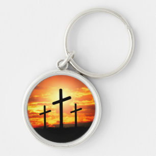 Crosses Sunset Silhouette Painting Artwork-67137 Keychain