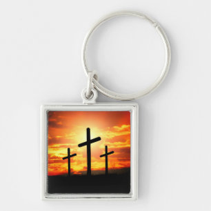 Crosses Sunset Silhouette Painting Artwork-67137 Keychain