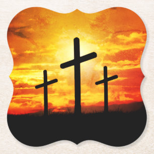 Crosses Sunset Silhouette Painting Artwork-67137 Paper Coaster