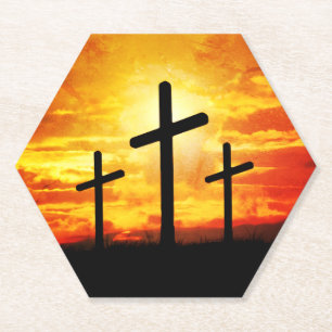 Crosses Sunset Silhouette Painting Artwork-67137 Paper Coaster
