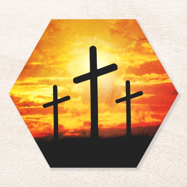 Crosses Sunset Silhouette Painting Artwork-67137 Paper Coaster (Front)