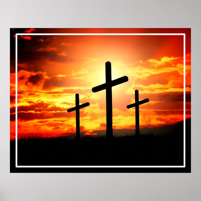 Crosses Sunset Silhouette Painting Artwork-67137 Poster (Front)