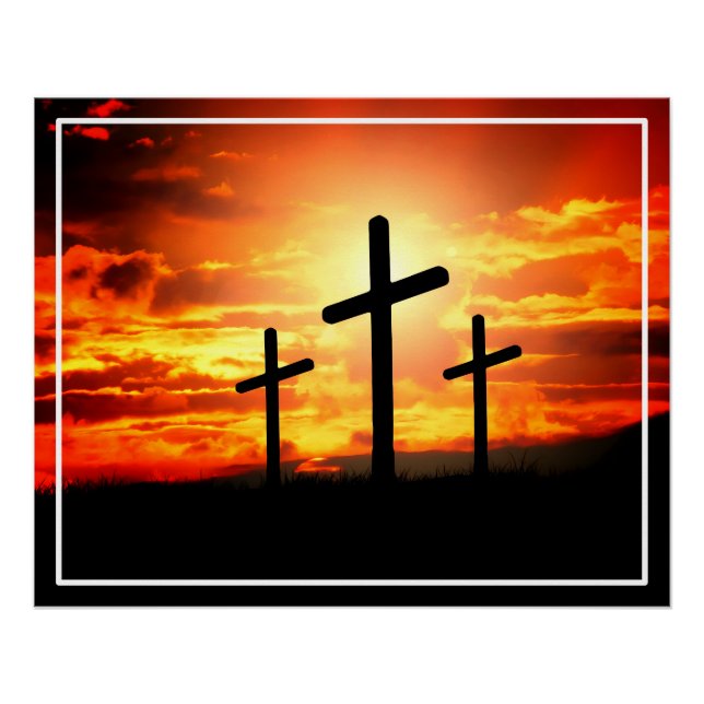 Crosses Sunset Silhouette Painting Artwork-67137 Poster (Front)