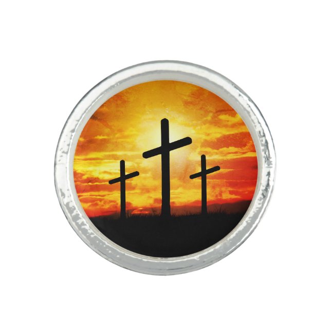 Crosses Sunset Silhouette Painting Artwork-67137 Ring (Front)