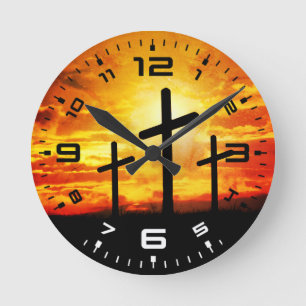 Crosses Sunset Silhouette Painting Artwork-67137 Round Clock