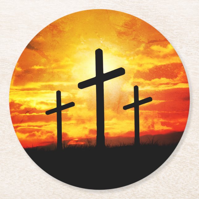 Crosses Sunset Silhouette Painting Artwork-67137 Round Paper Coaster (Front)