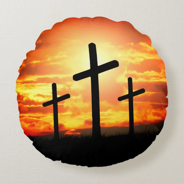 Crosses Sunset Silhouette Painting Artwork-67137 Round Pillow (Front)