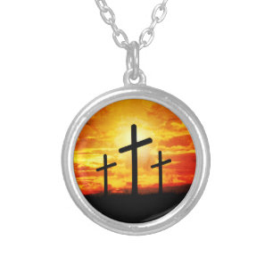 Crosses Sunset Silhouette Painting Artwork-67137 Silver Plated Necklace