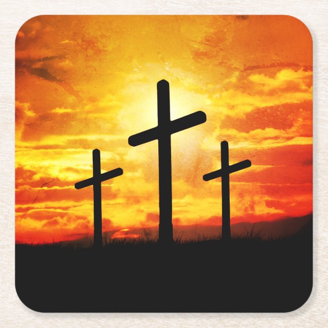 Crosses Sunset Silhouette Painting Artwork-67137 Square Paper Coaster (Front)