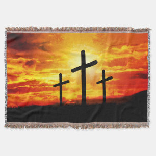 Crosses Sunset Silhouette Painting Artwork-67137 Throw Blanket