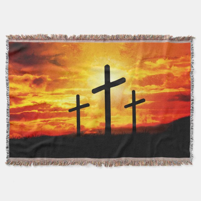 Crosses Sunset Silhouette Painting Artwork-67137 Throw Blanket (Front)