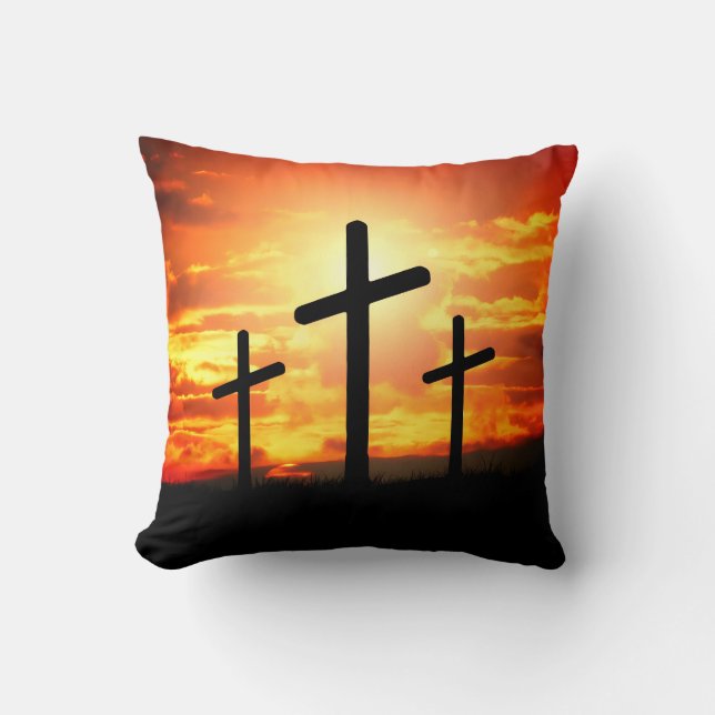 Crosses Sunset Silhouette Painting Artwork-67137 Throw Pillow (Front)