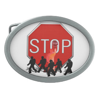 Crossing Guard w/Kids & Stop Sign Oval Belt Buckle