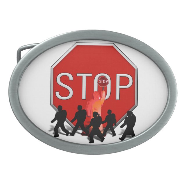 Crossing Guard w/Kids & Stop Sign Oval Belt Buckle (Front)