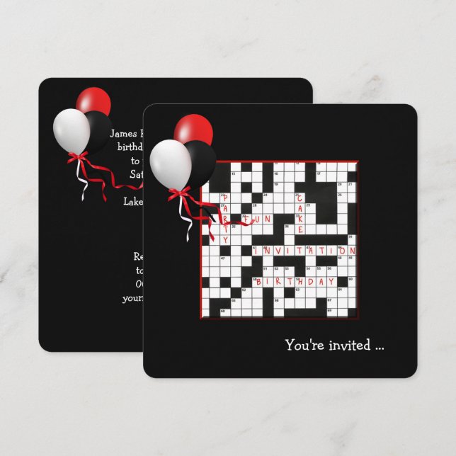 Crossword Puzzle and Balloons Birthday Party Invitation (Front/Back)