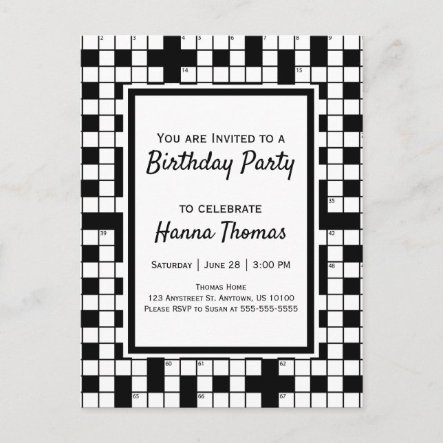 Crossword Puzzle Theme Birthday Invitation Postcar (Front)