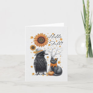 Crow and Cat Autumn Thanksgiving Crow Letterpress Thank You Card