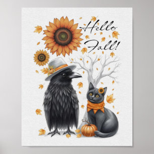 Crow and Cat Autumn Thanksgiving Crow Poster