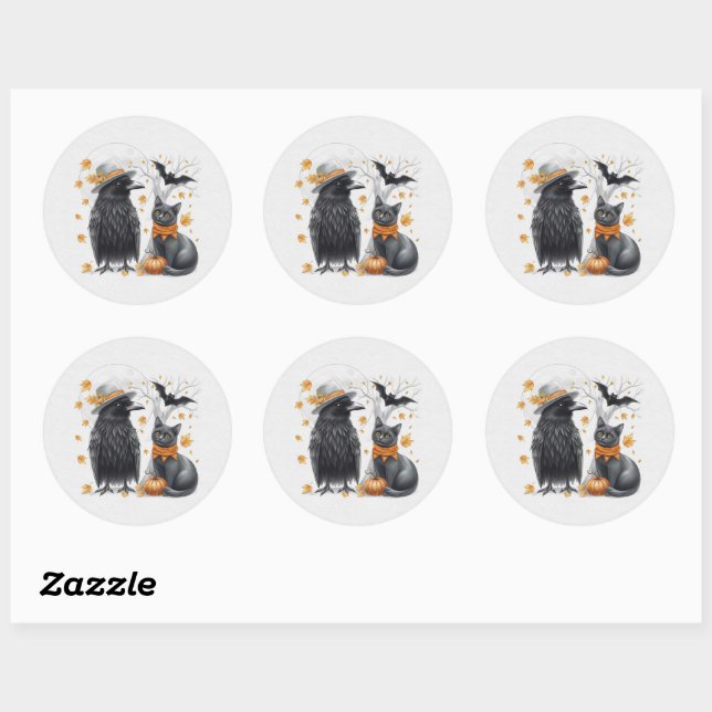 Crow and cat Halloween Autumn Crow Classic Round Sticker (Sheet)