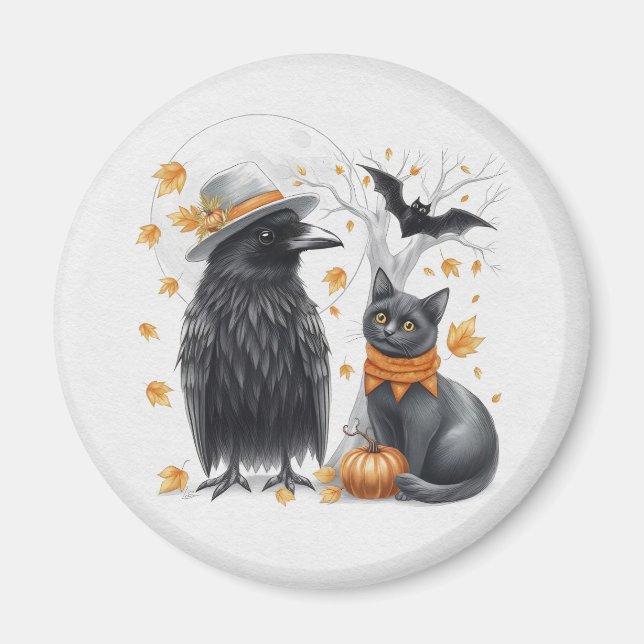 Crow and cat Halloween Autumn Crow Magnet (Front)