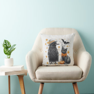 Crow and cat Halloween Autumn Crow Throw Pillow