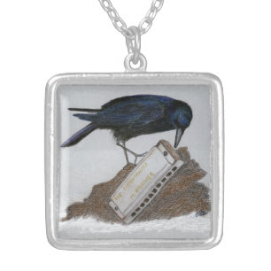 Crow and Harmonica Silver Plated Necklace