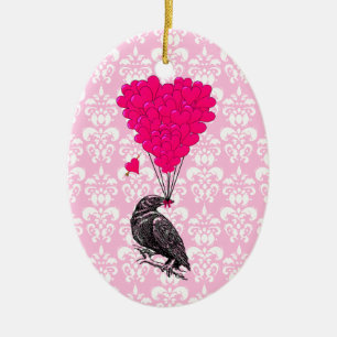 Crow and heart on pink damask ceramic ornament