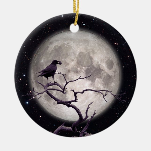 Crow and Moon, Crow Art, Raven, Gothic, Night Ceramic Ornament (Front)