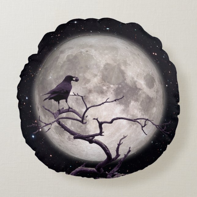 Crow and Moon, Crow Art, Raven, Gothic, Night Round Pillow (Front)