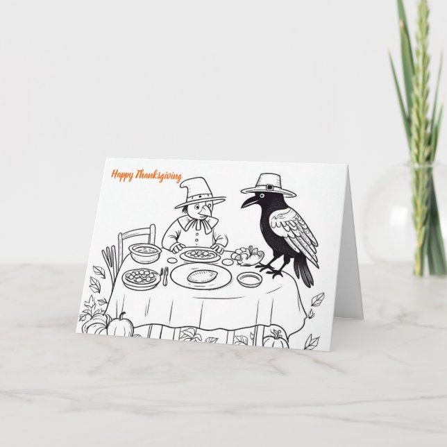 Crow and pilgrim at thanksgiving table  card (Front)
