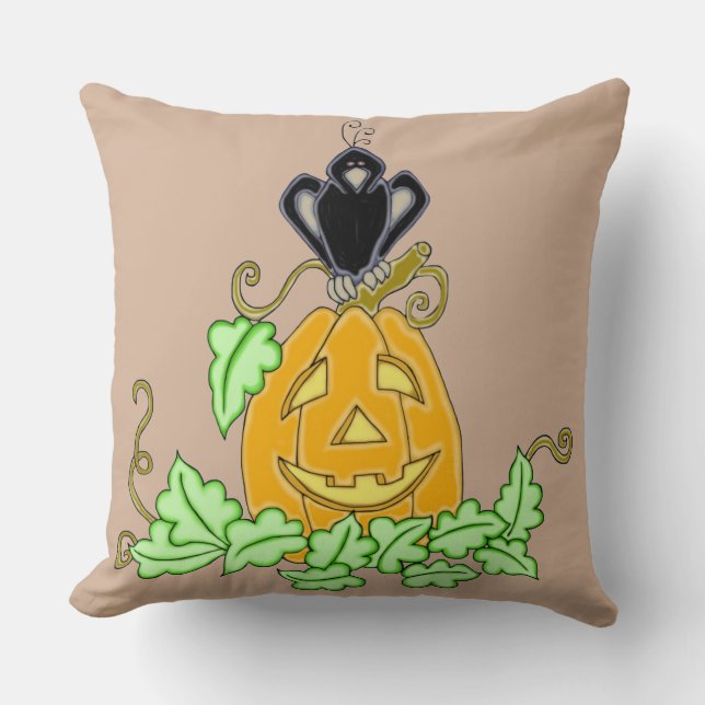 Crow and Pumpkin Throw Pillow (Front)